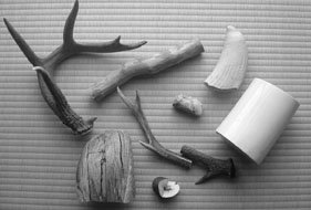 material netsuke, ivory, deer horn, hardwood